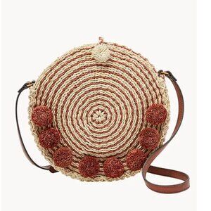 Fossil Faye Crossbody paper straw pom pom round purse NWOT